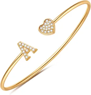 Gold Initial Bracelets for Women Girls, 14K Gold Plated Gold Bangle Bracelets for Women Girls Dainty Gold Initial Bracelets Heart Bracelets for Women Girls Bridesmaids Bracelets Gifts