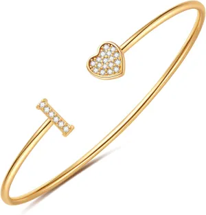 Gold Initial Bracelets for Women Girls, 14K Gold Plated Gold Bangle Bracelets for Women Girls Dainty Gold Initial Bracelets Heart Bracelets for Women Girls Bridesmaids Bracelets Gifts