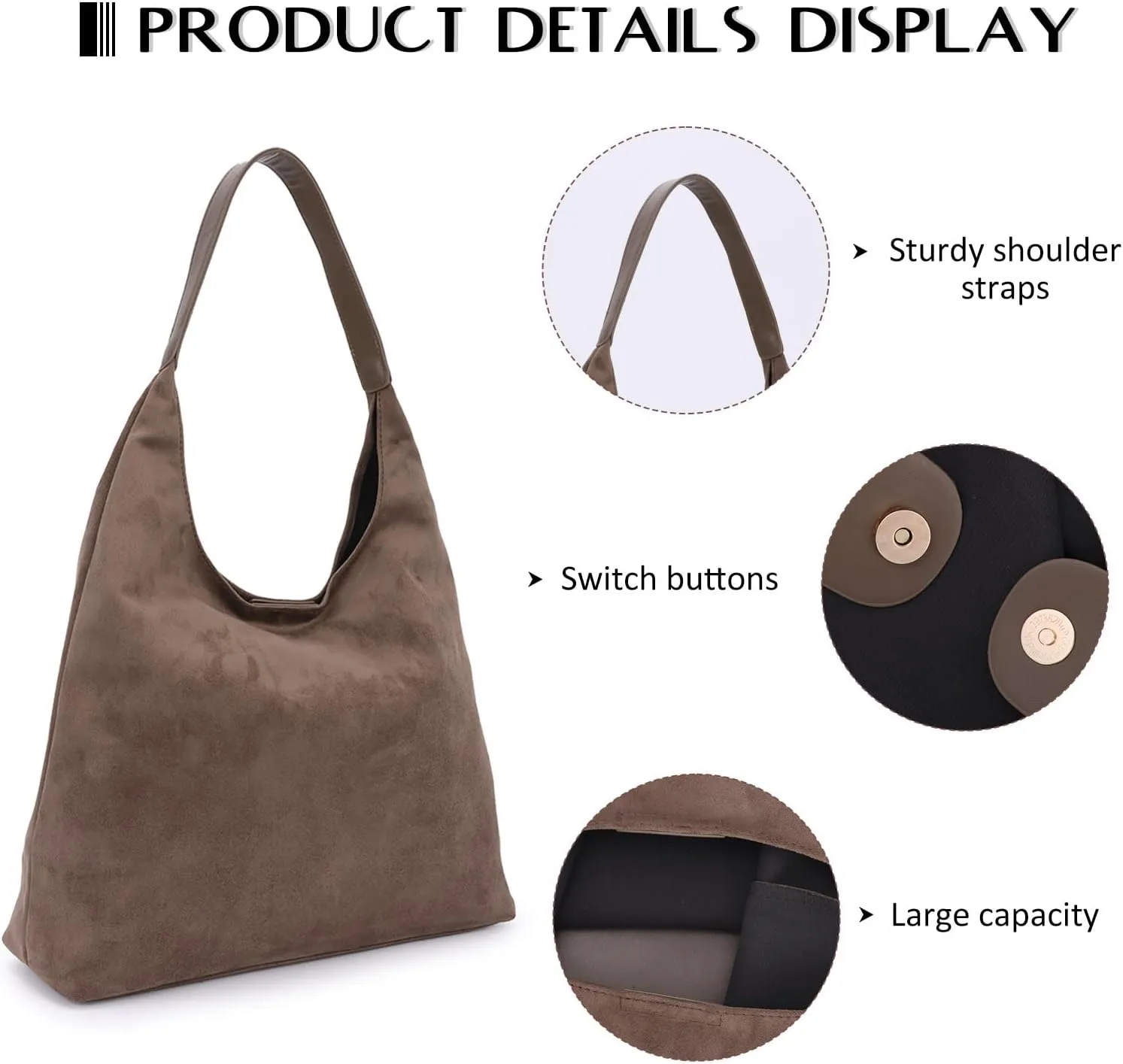 GOTOW Suede Hobo Bags for Women Brown Suede Tote Handbag Retro Suede Slouchy Shoulder Bag Office