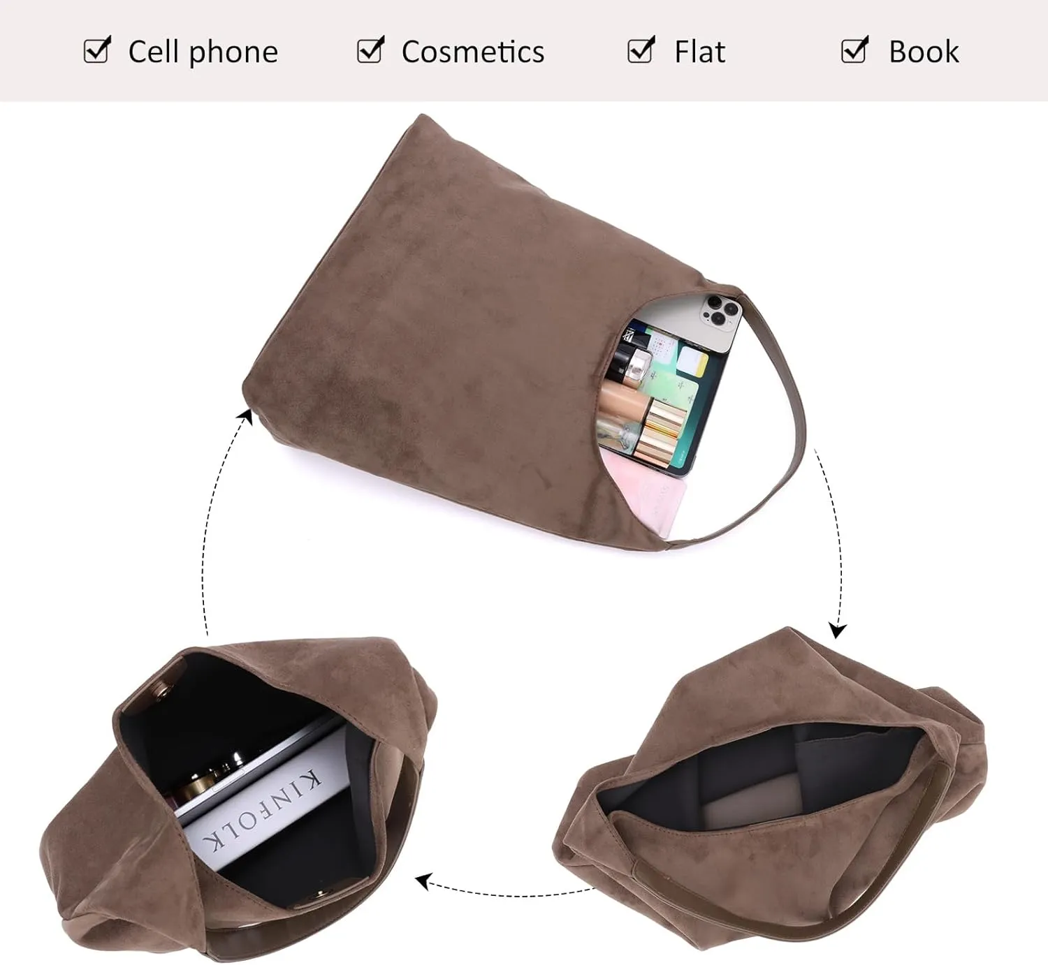 GOTOW Suede Hobo Bags for Women Brown Suede Tote Handbag Retro Suede Slouchy Shoulder Bag Office