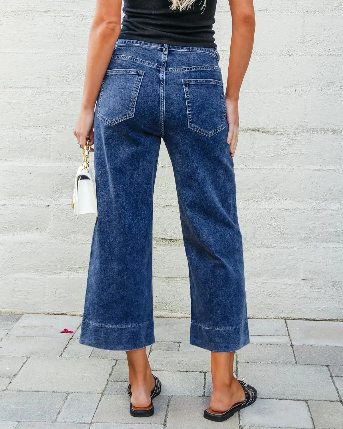 GRAPENT Capri Jeans for Women High Waisted Wide Leg Trendy Strechy Loose Straight Cropped Denim Jeans Pants with Pockets