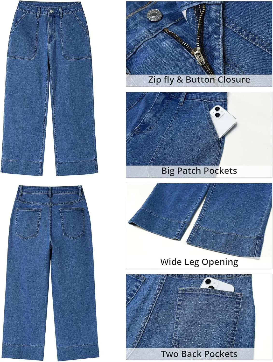 GRAPENT Capri Jeans for Women High Waisted Wide Leg Trendy Strechy Loose Straight Cropped Denim Jeans Pants with Pockets