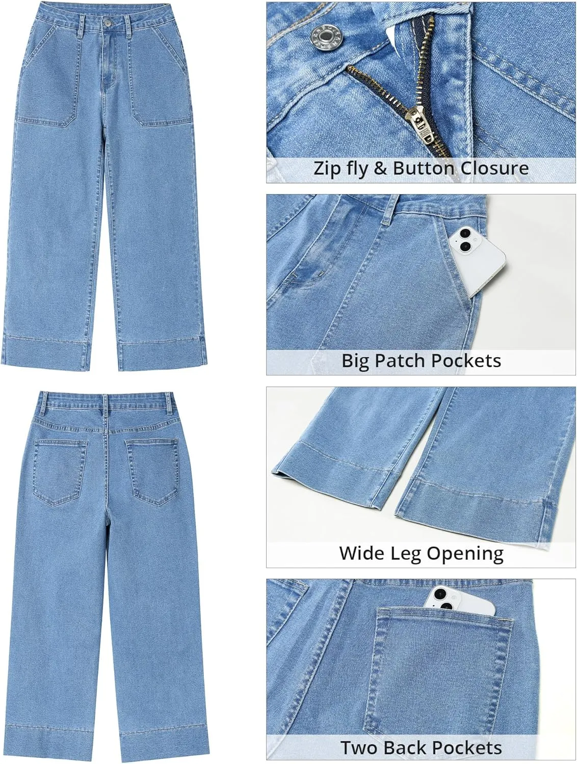 GRAPENT Capri Jeans for Women High Waisted Wide Leg Trendy Strechy Loose Straight Cropped Denim Jeans Pants with Pockets