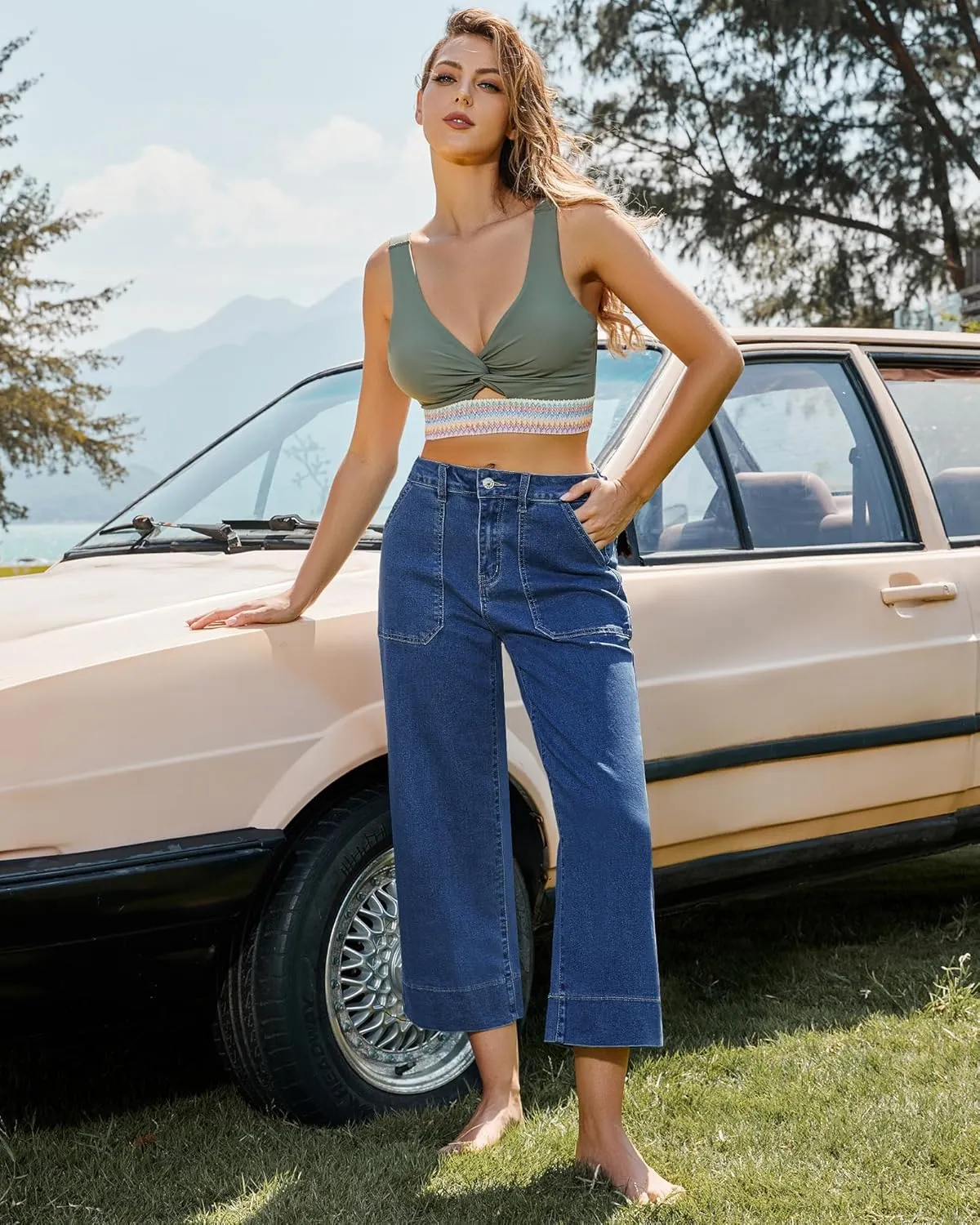 GRAPENT Capri Jeans for Women High Waisted Wide Leg Trendy Strechy Loose Straight Cropped Denim Jeans Pants with Pockets