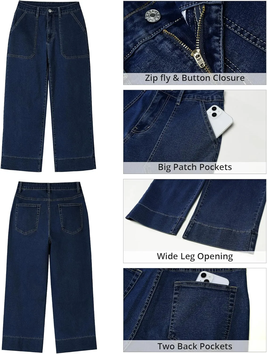 GRAPENT Capri Jeans for Women High Waisted Wide Leg Trendy Strechy Loose Straight Cropped Denim Jeans Pants with Pockets