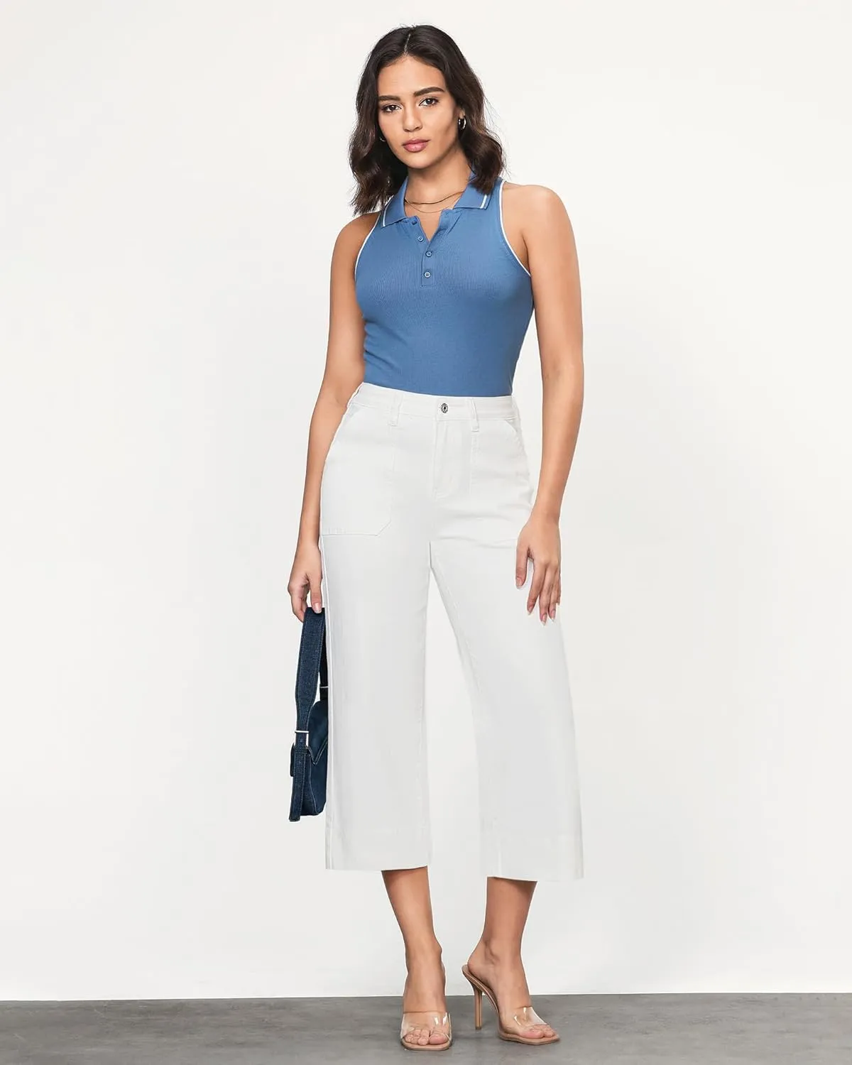 GRAPENT Capri Jeans for Women High Waisted Wide Leg Trendy Strechy Loose Straight Cropped Denim Jeans Pants with Pockets