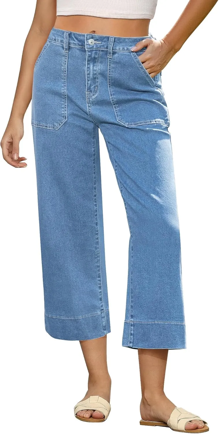 GRAPENT Capri Jeans for Women High Waisted Wide Leg Trendy Strechy Loose Straight Cropped Denim Jeans Pants with Pockets