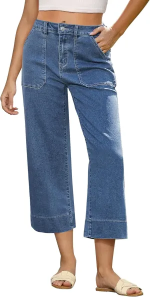 GRAPENT Capri Jeans for Women High Waisted Wide Leg Trendy Strechy Loose Straight Cropped Denim Jeans Pants with Pockets