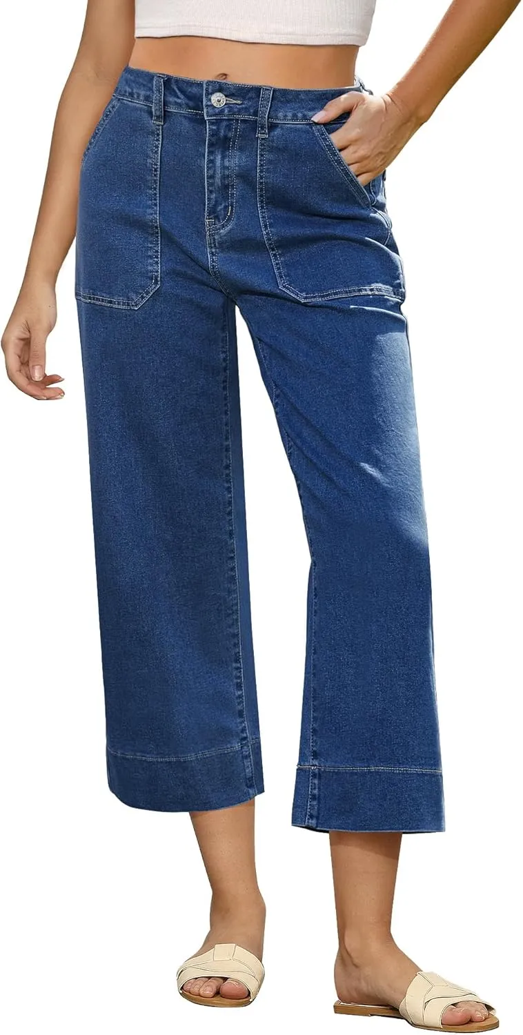 GRAPENT Capri Jeans for Women High Waisted Wide Leg Trendy Strechy Loose Straight Cropped Denim Jeans Pants with Pockets