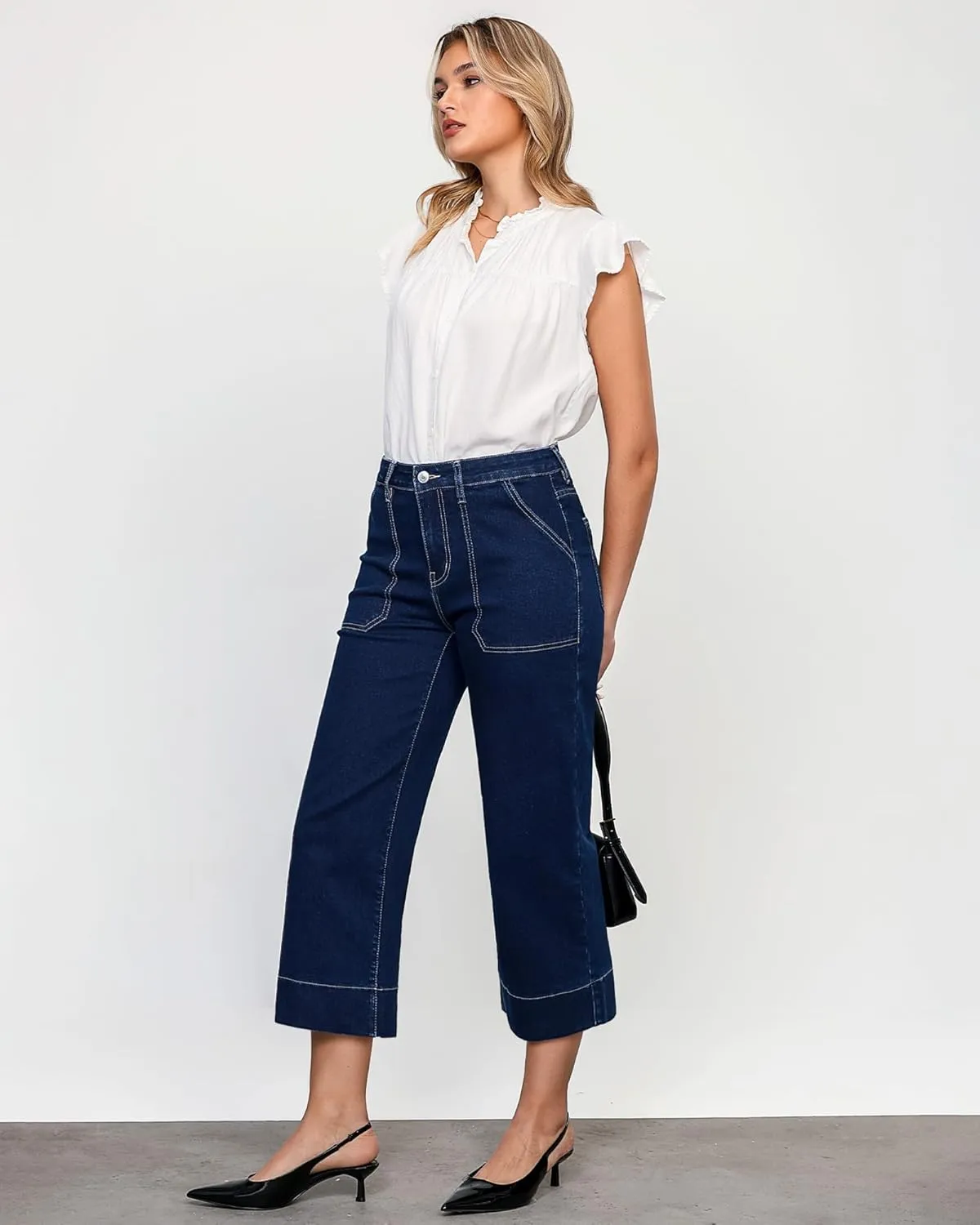 GRAPENT Capri Jeans for Women High Waisted Wide Leg Trendy Strechy Loose Straight Cropped Denim Jeans Pants with Pockets