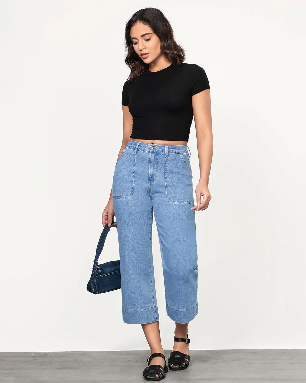 GRAPENT Capri Jeans for Women High Waisted Wide Leg Trendy Strechy Loose Straight Cropped Denim Jeans Pants with Pockets