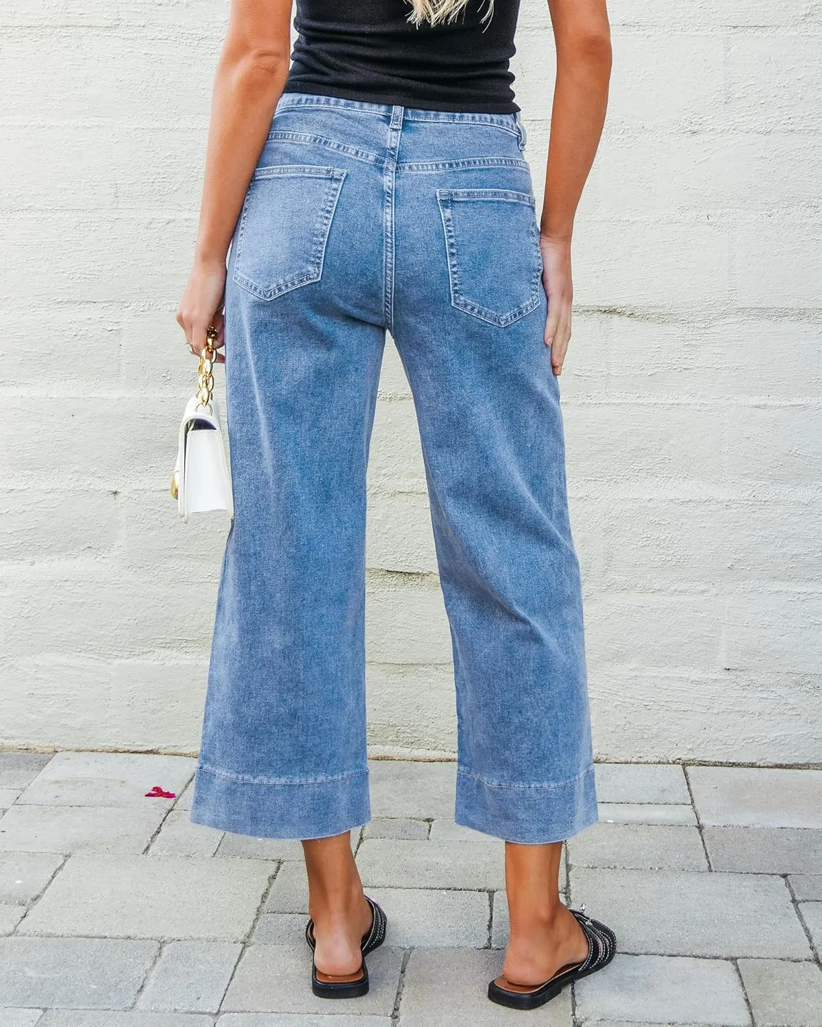GRAPENT Capri Jeans for Women High Waisted Wide Leg Trendy Strechy Loose Straight Cropped Denim Jeans Pants with Pockets