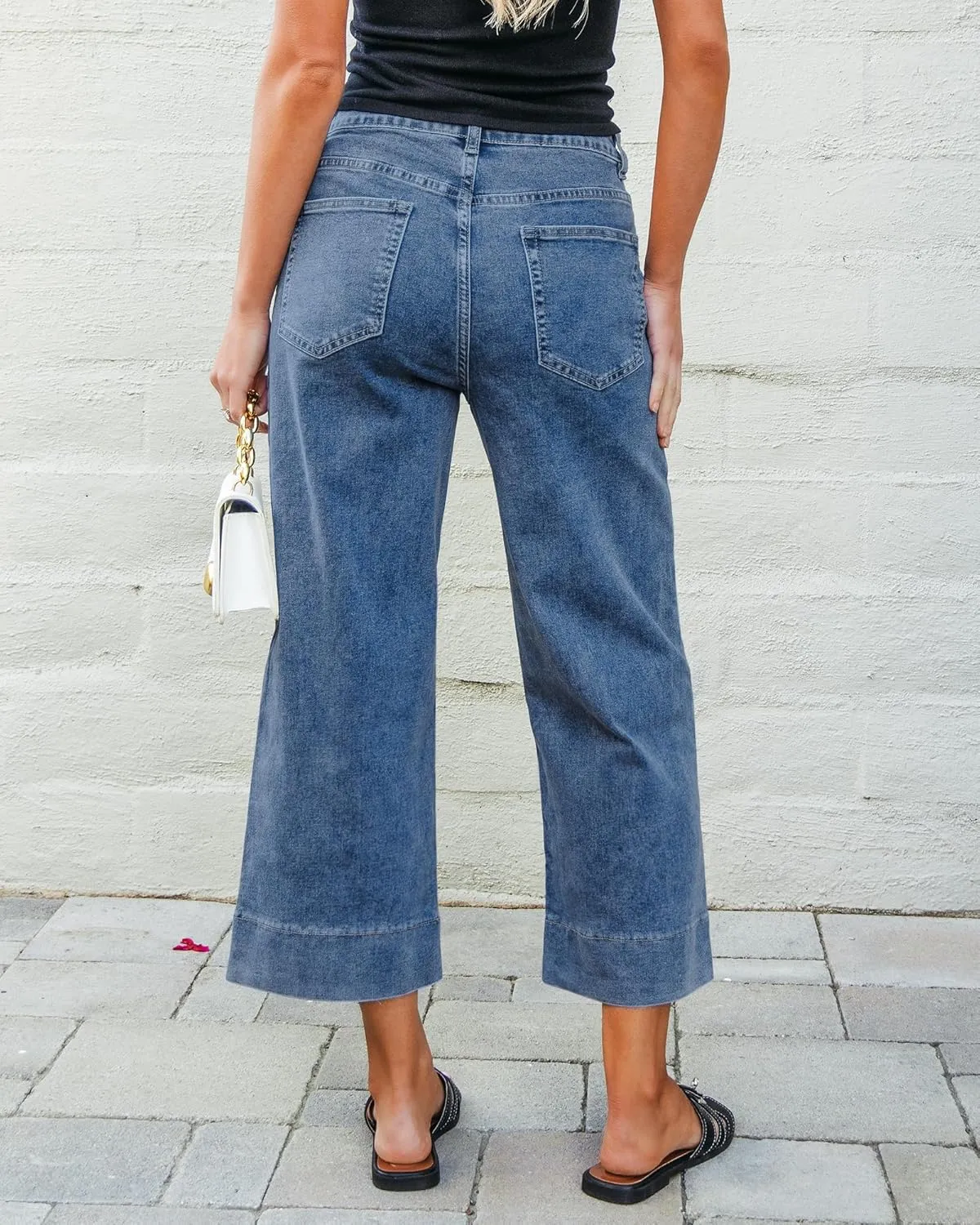 GRAPENT Capri Jeans for Women High Waisted Wide Leg Trendy Strechy Loose Straight Cropped Denim Jeans Pants with Pockets