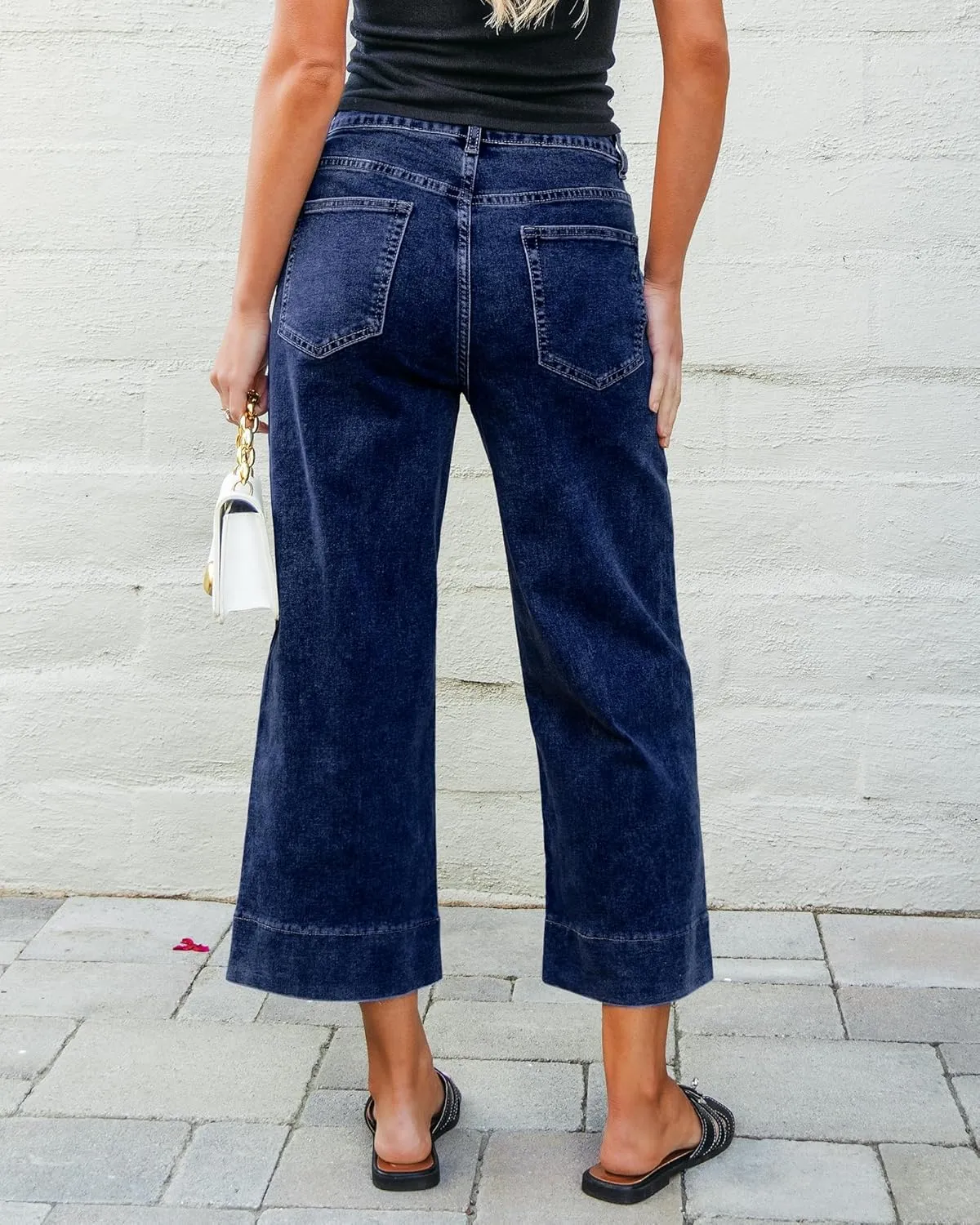 GRAPENT Capri Jeans for Women High Waisted Wide Leg Trendy Strechy Loose Straight Cropped Denim Jeans Pants with Pockets