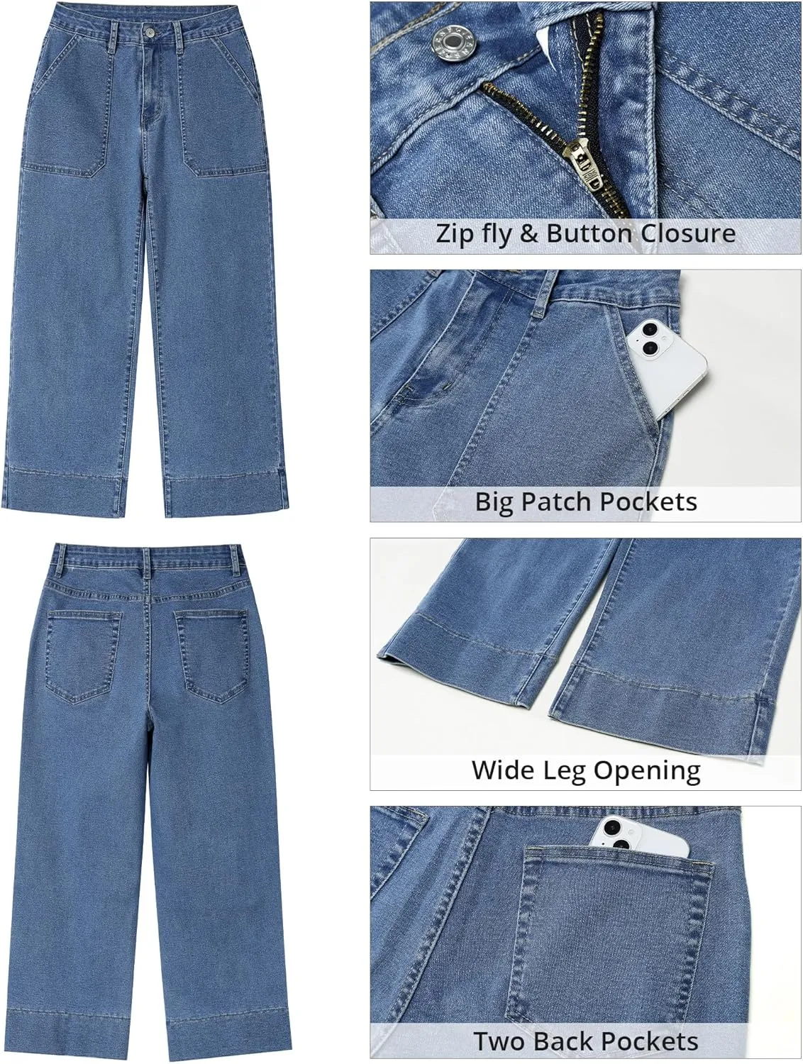 GRAPENT Capri Jeans for Women High Waisted Wide Leg Trendy Strechy Loose Straight Cropped Denim Jeans Pants with Pockets