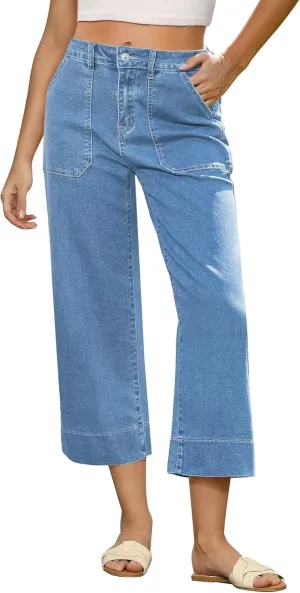 GRAPENT Capri Jeans for Women High Waisted Wide Leg Trendy Strechy Loose Straight Cropped Denim Jeans Pants with Pockets