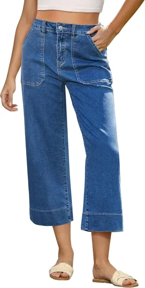 GRAPENT Capri Jeans for Women High Waisted Wide Leg Trendy Strechy Loose Straight Cropped Denim Jeans Pants with Pockets