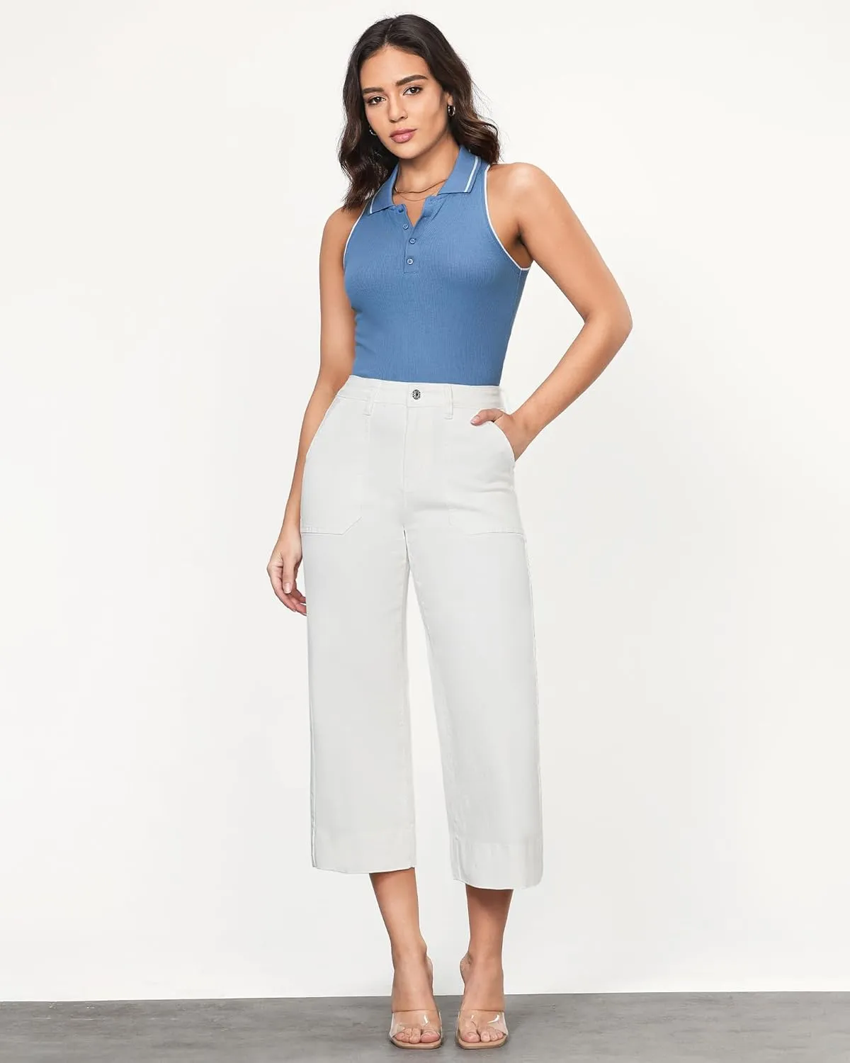 GRAPENT Capri Jeans for Women High Waisted Wide Leg Trendy Strechy Loose Straight Cropped Denim Jeans Pants with Pockets