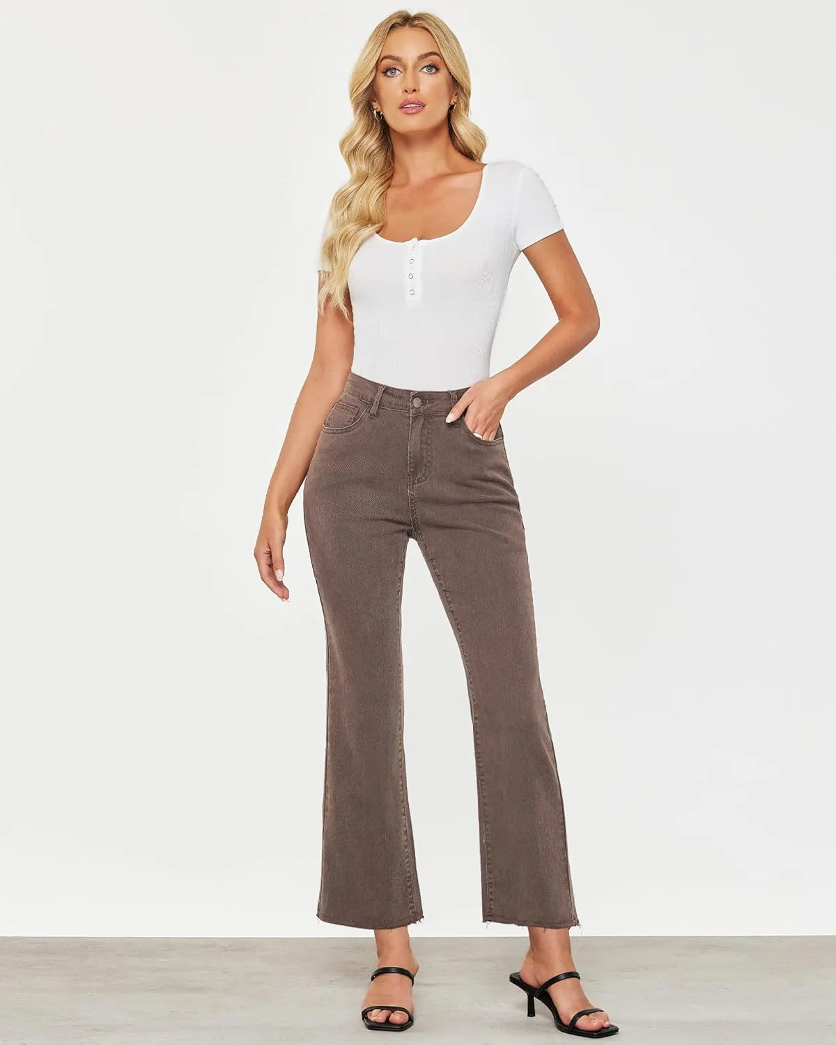 GRAPENT Flare Jeans for Women High Waisted Trendy Cropped Jeans Stretchy Denim Pants Raw Hem Ankle Trouser Jeans Pockets