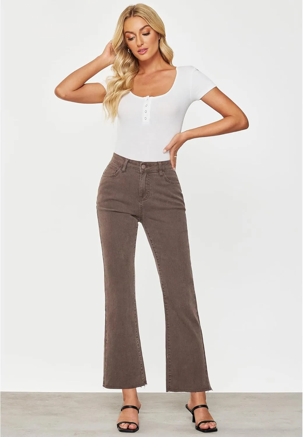 GRAPENT Flare Jeans for Women High Waisted Trendy Cropped Jeans Stretchy Denim Pants Raw Hem Ankle Trouser Jeans Pockets