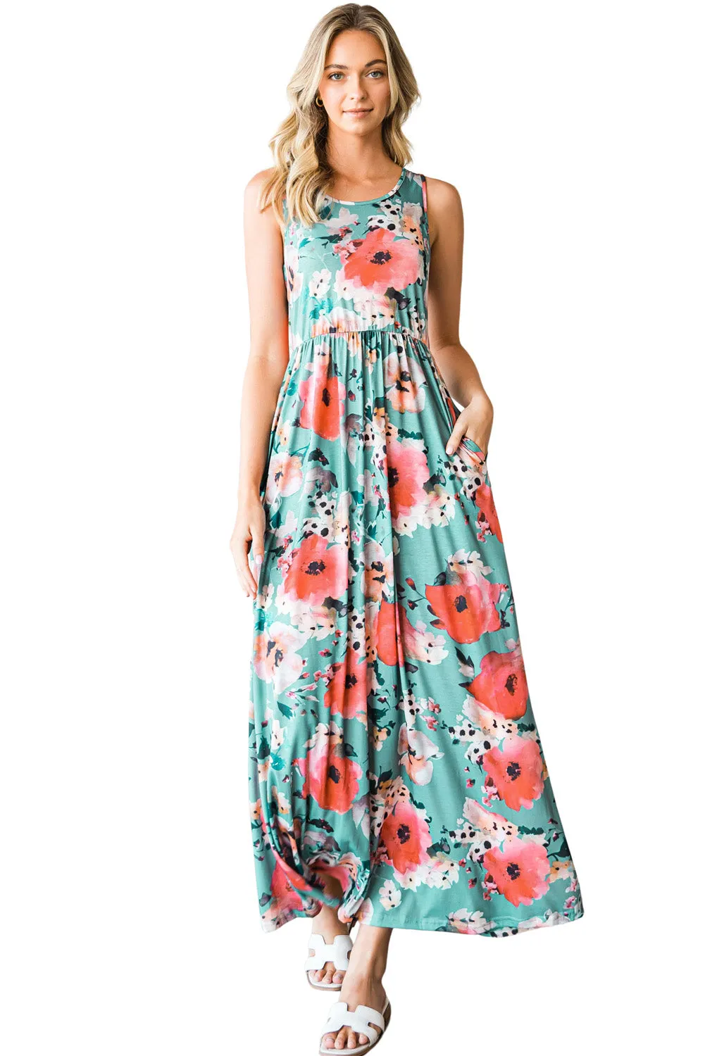 Green Floral Print Sleeveless Maxi Summer Tank Dress