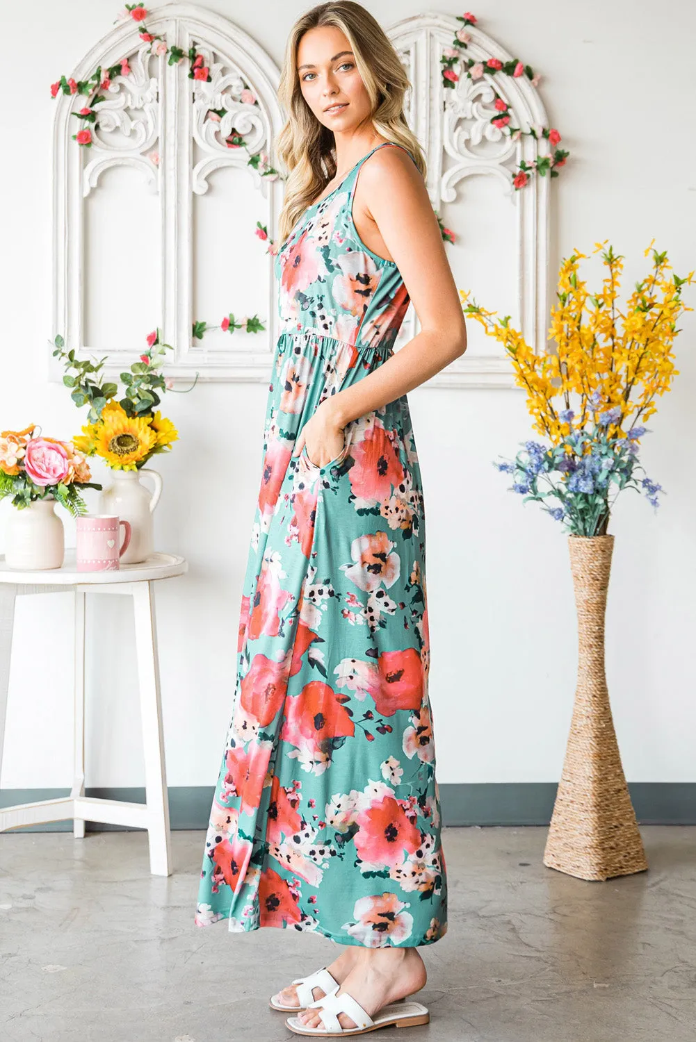 Green Floral Print Sleeveless Maxi Summer Tank Dress
