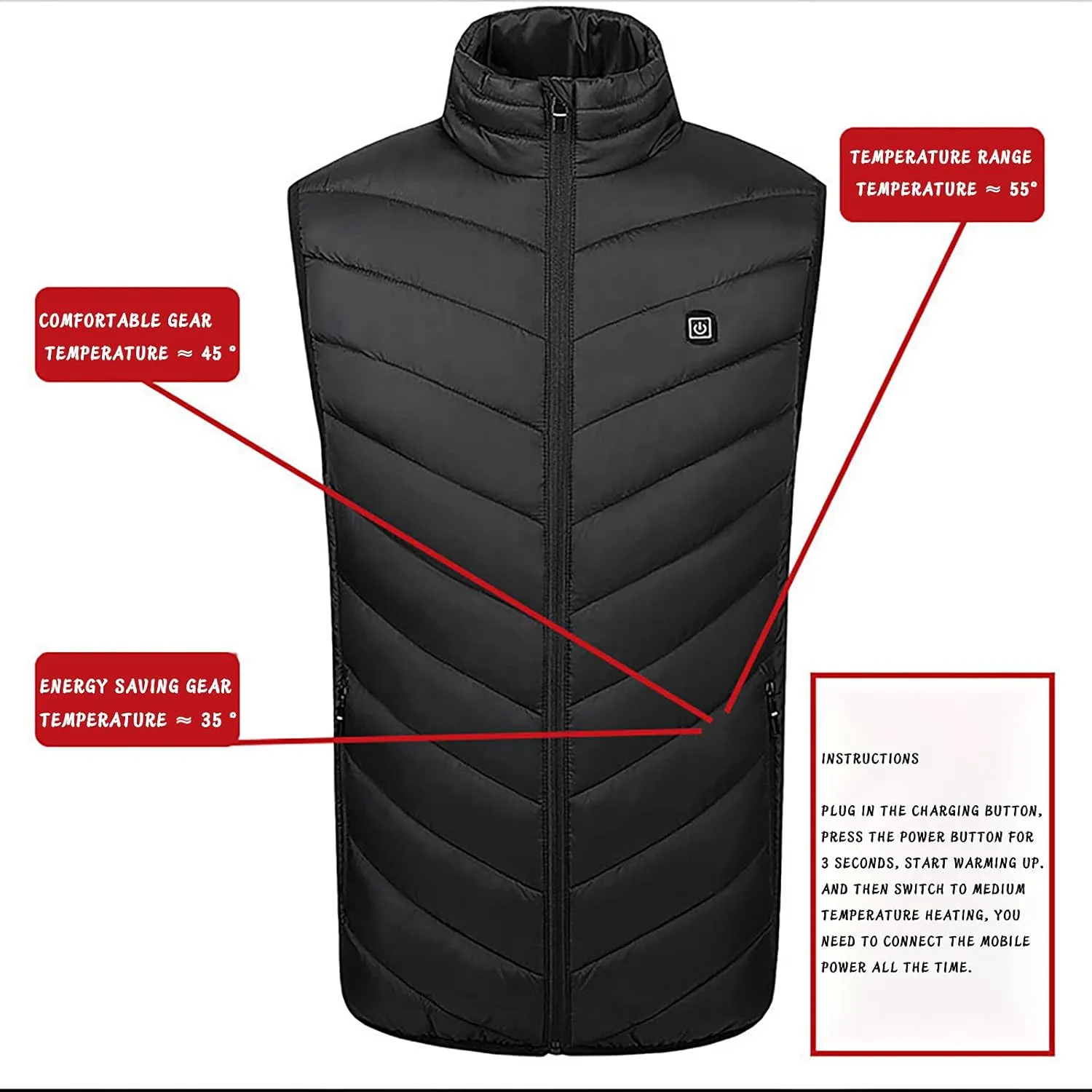 Heated Vest for Men Thermal Jacket Rechargeable Heated Jacket Sleeveless Down Jackets for Women Warm Outdoor Clothing
