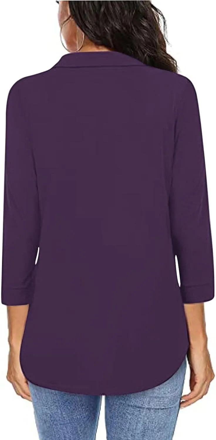 HGps8w 3/4 Length Sleeve Tops for Women Dressy Casual Lapel Collar V Neck Tunic Blouse Solid Loose Comfy Tee Shirts