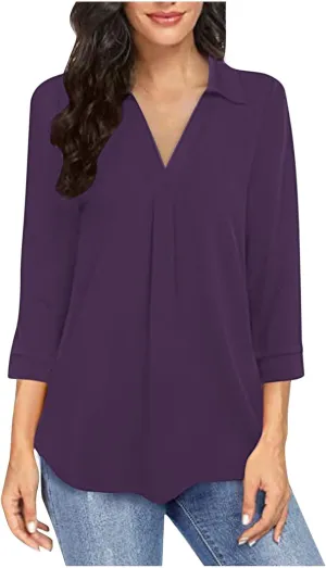 HGps8w 3/4 Length Sleeve Tops for Women Dressy Casual Lapel Collar V Neck Tunic Blouse Solid Loose Comfy Tee Shirts