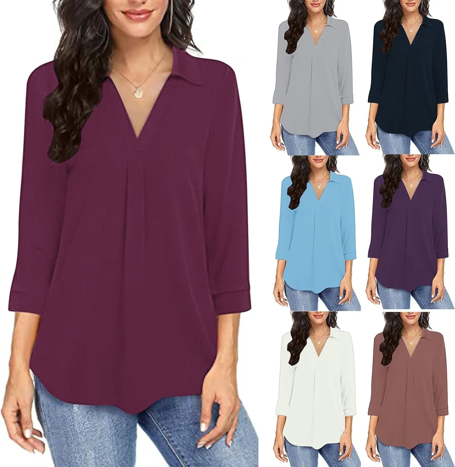 HGps8w 3/4 Length Sleeve Tops for Women Dressy Casual Lapel Collar V Neck Tunic Blouse Solid Loose Comfy Tee Shirts
