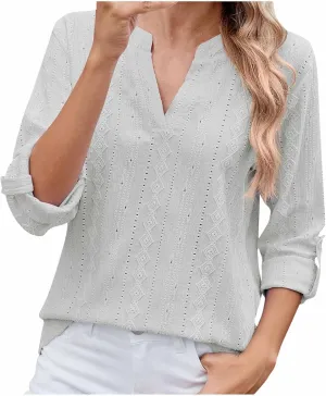 HGps8w 3/4 Sleeve Eyelet T-Shirts for Women Dressy Casual Solid V Neck Office Tops Loose Business Work Tunic Blouse