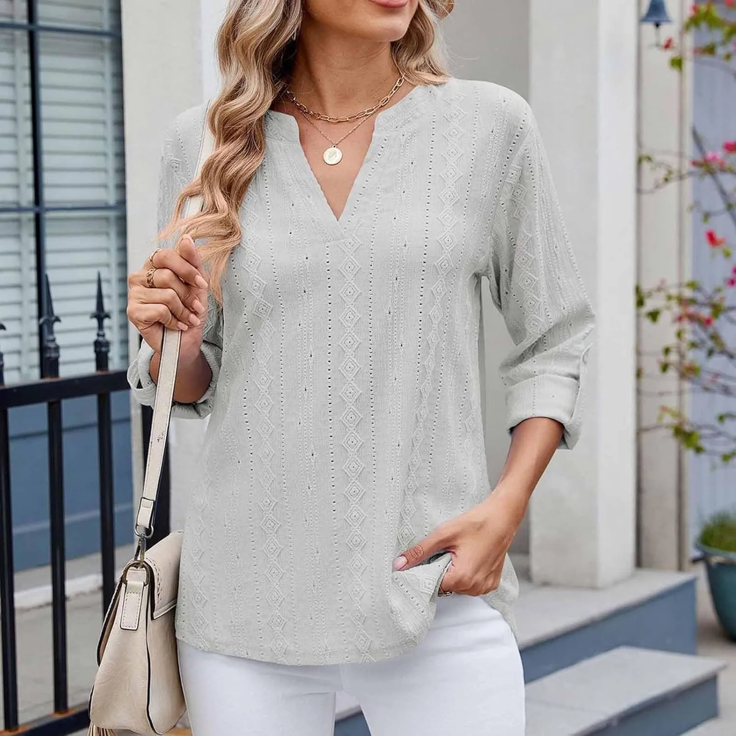 HGps8w 3/4 Sleeve Eyelet T-Shirts for Women Dressy Casual Solid V Neck Office Tops Loose Business Work Tunic Blouse