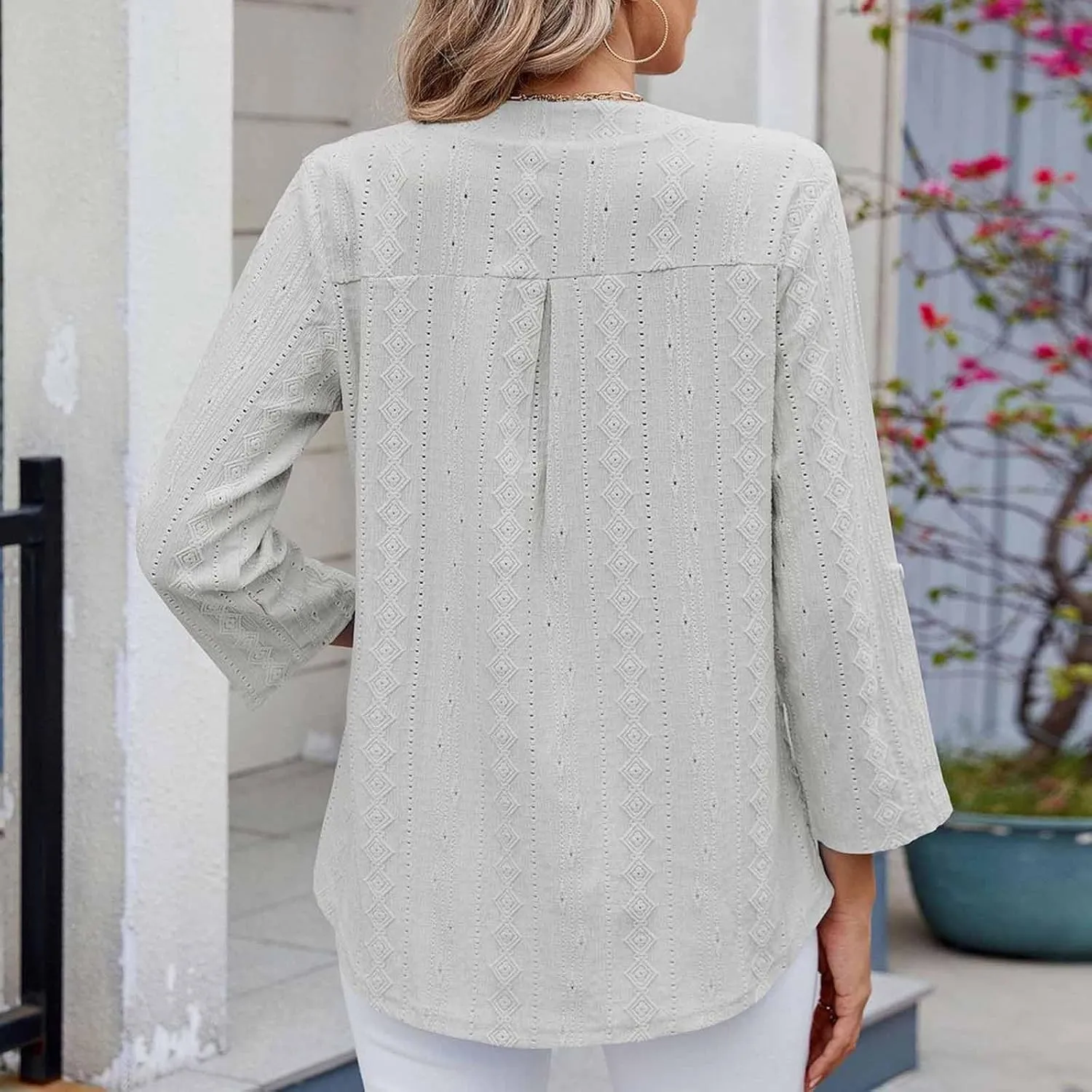 HGps8w 3/4 Sleeve Eyelet T-Shirts for Women Dressy Casual Solid V Neck Office Tops Loose Business Work Tunic Blouse