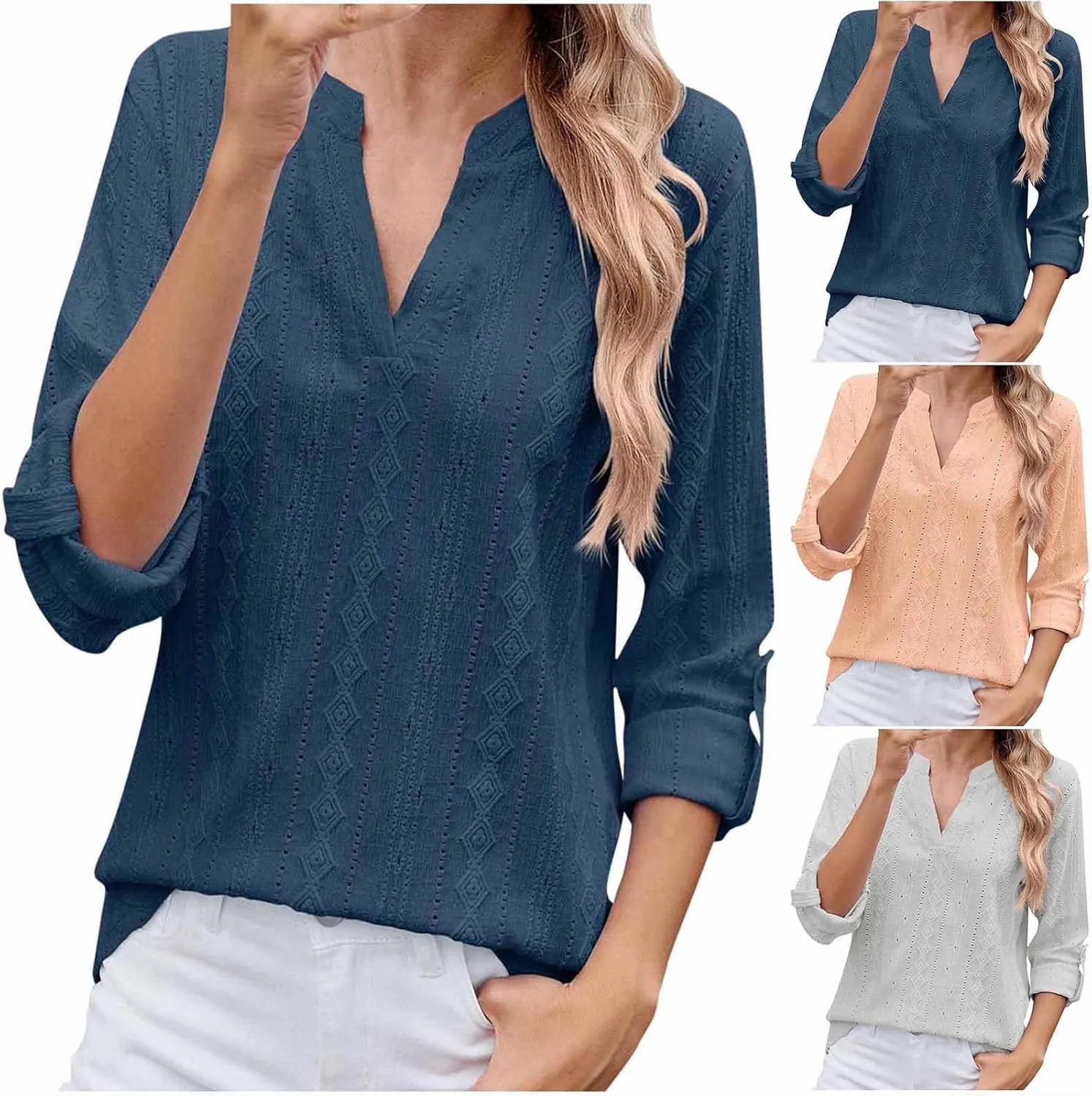 HGps8w 3/4 Sleeve Eyelet T-Shirts for Women Dressy Casual Solid V Neck Office Tops Loose Business Work Tunic Blouse