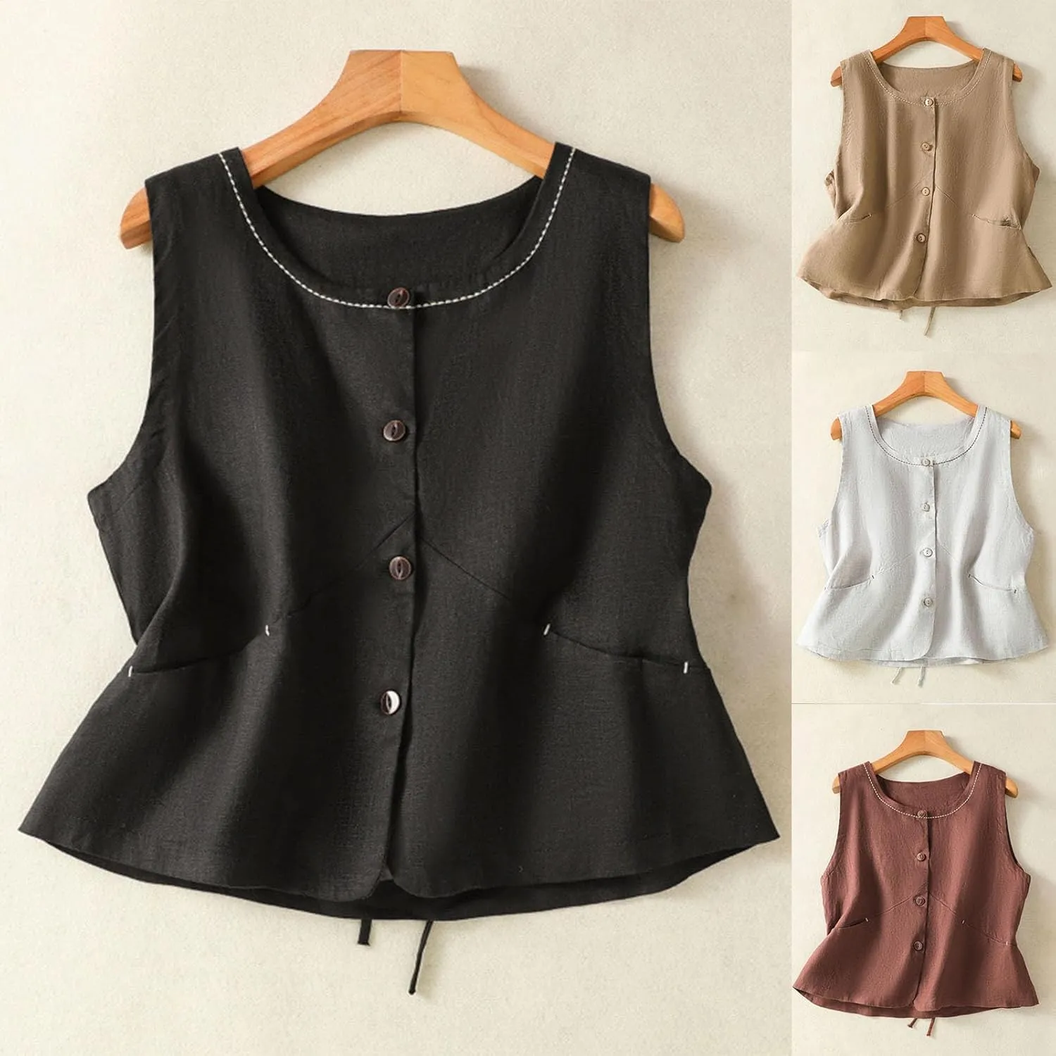 HGps8w Cotton Linen Tank Tops for Women 2025 Summer Loose Button Down Vest Sleeveless Casual Tunic Shirts Blouse
