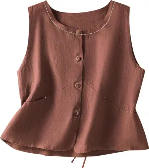 HGps8w Cotton Linen Tank Tops for Women 2025 Summer Loose Button Down Vest Sleeveless Casual Tunic Shirts Blouse