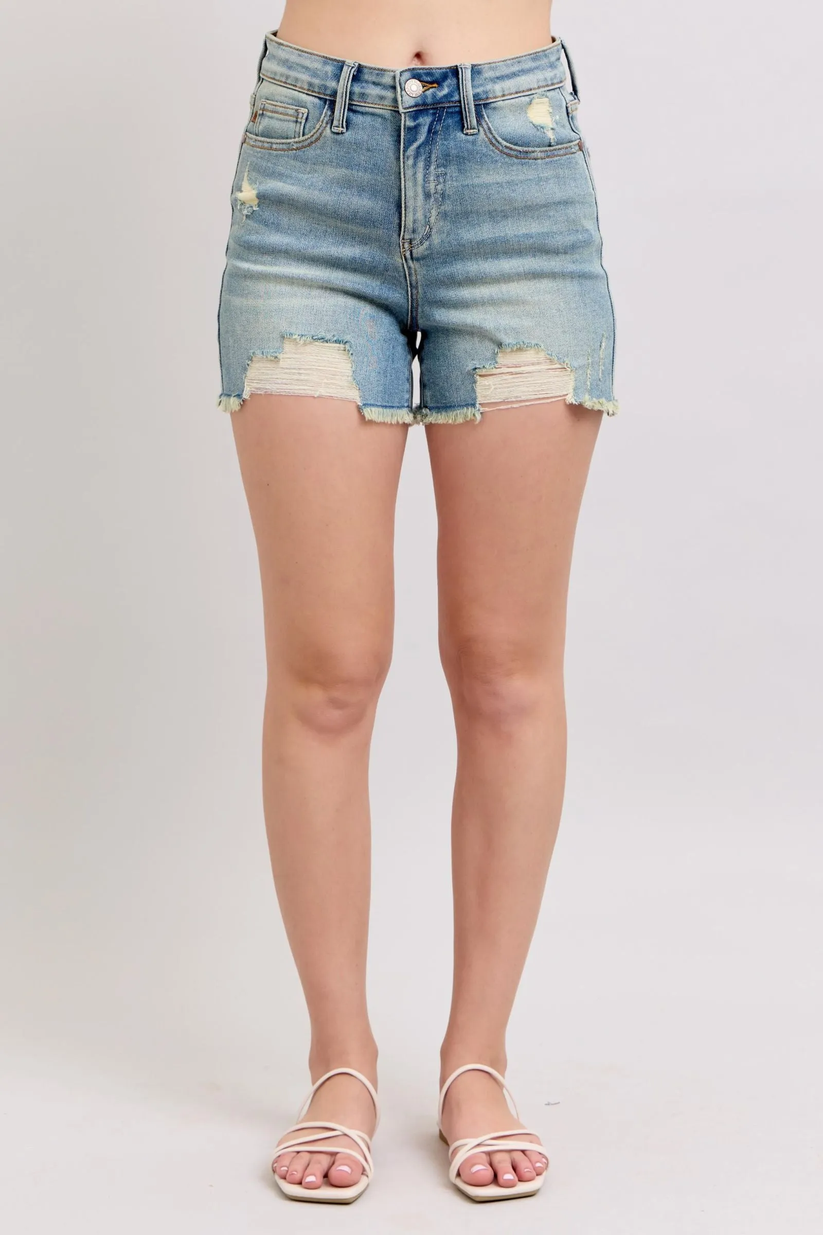High Waist Vintage Wash Destroy Shorts