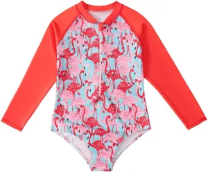 HILEELANG Little Girls Long Sleeve Rash Guard Swimsuit Sun Protection Half Zip One Piece Bathing Suit 3-10 Years
