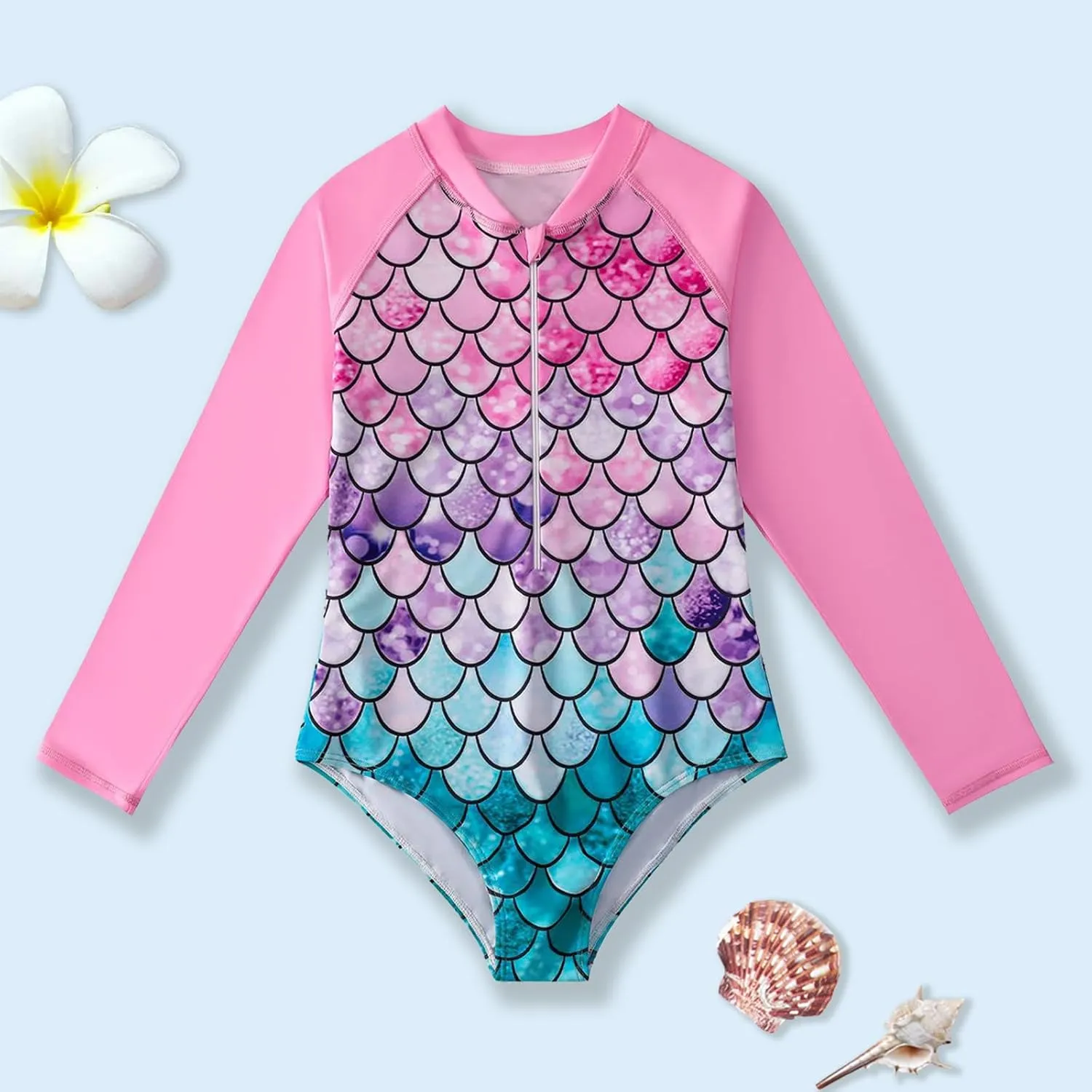 HILEELANG Little Girls Long Sleeve Rash Guard Swimsuit Sun Protection Half Zip One Piece Bathing Suit 3-10 Years