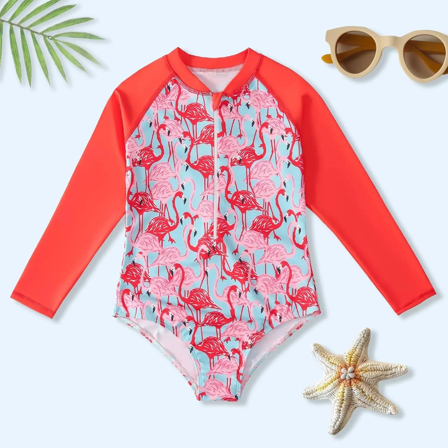 HILEELANG Little Girls Long Sleeve Rash Guard Swimsuit Sun Protection Half Zip One Piece Bathing Suit 3-10 Years