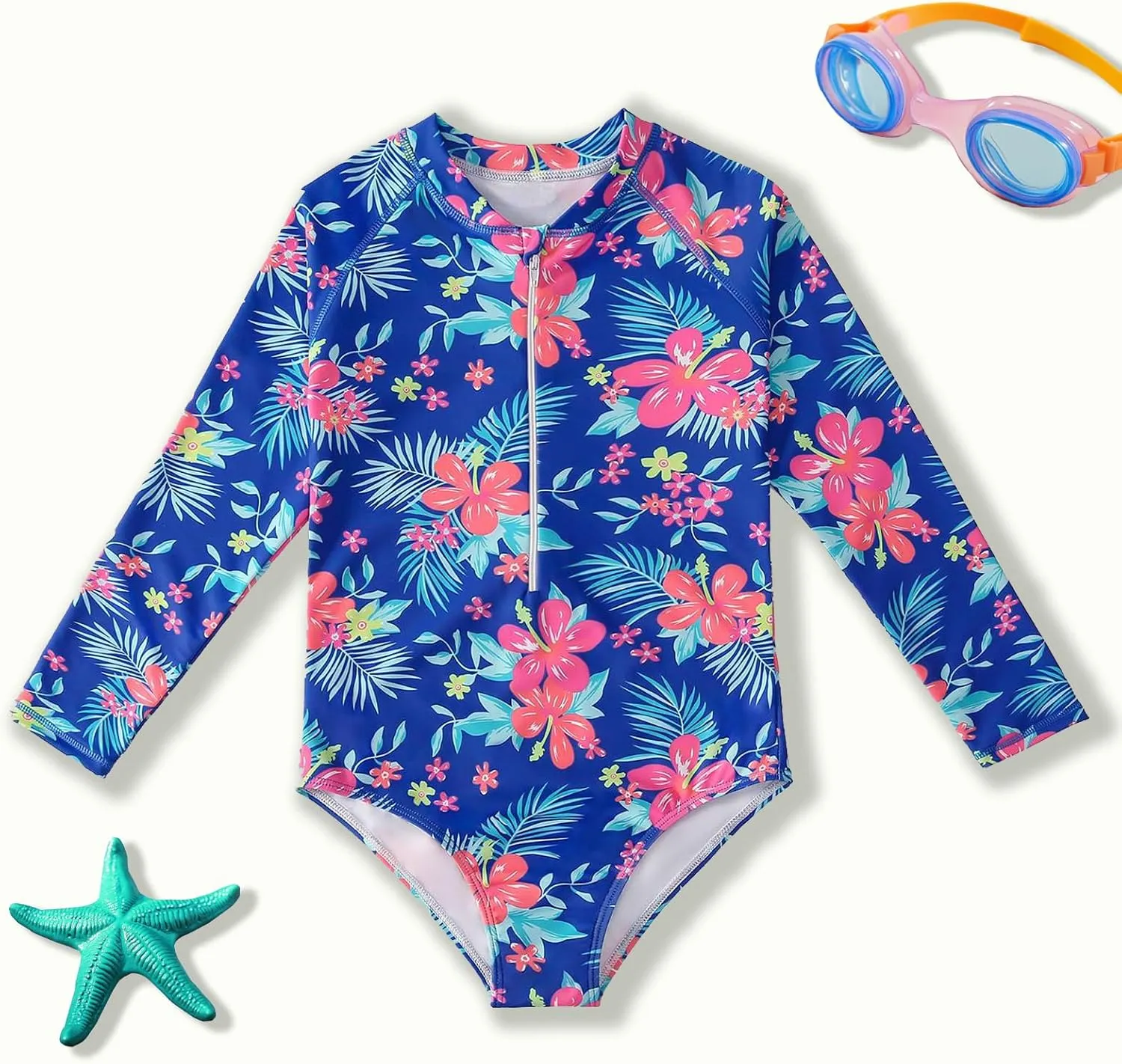 HILEELANG Little Girls Long Sleeve Rash Guard Swimsuit Sun Protection Half Zip One Piece Bathing Suit 3-10 Years