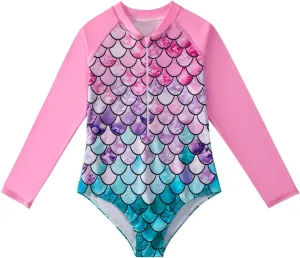 HILEELANG Little Girls Long Sleeve Rash Guard Swimsuit Sun Protection Half Zip One Piece Bathing Suit 3-10 Years