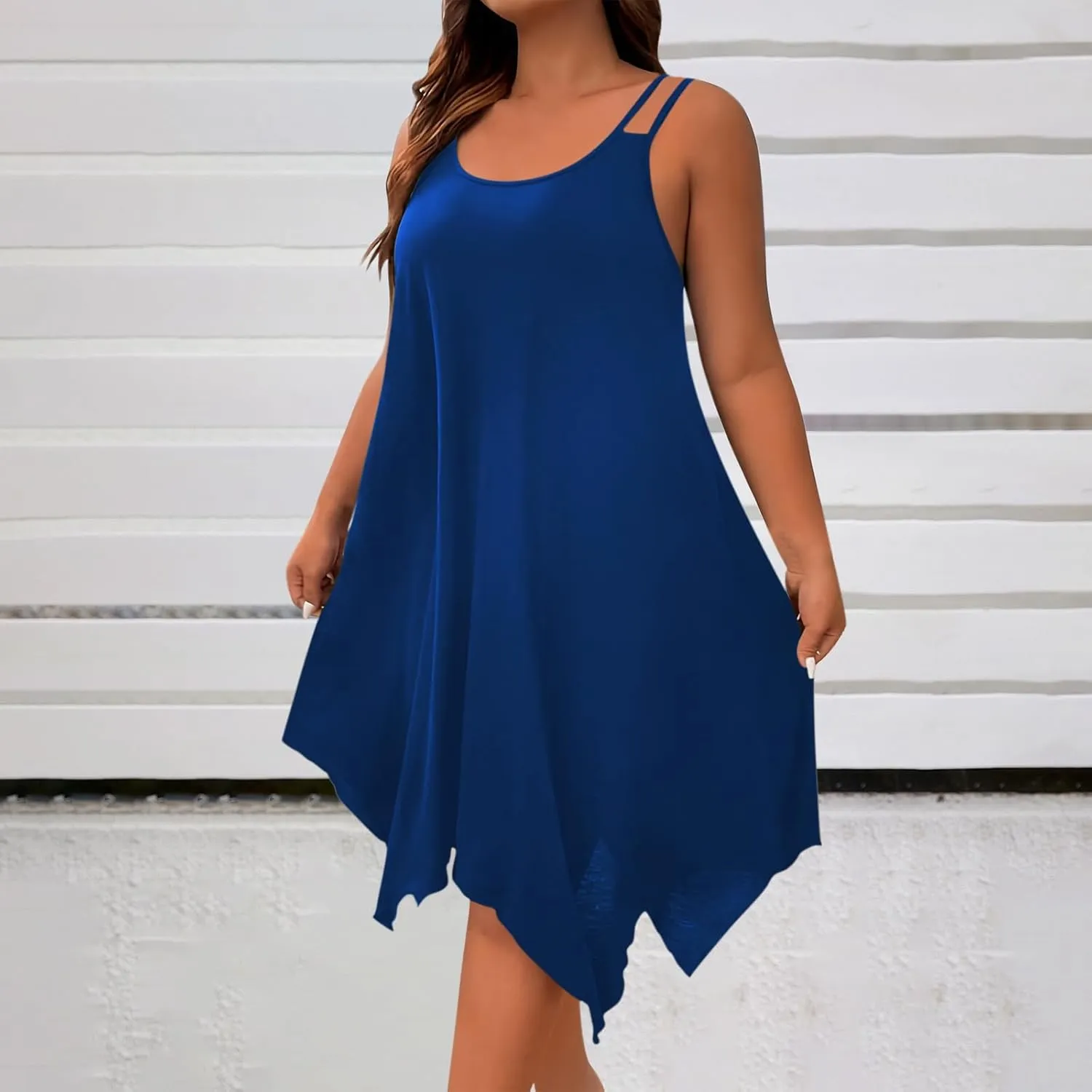 hlysgo Plus Size Dress for Women 2025 Summer Sleeveless V Neck Mini Dresses Casual Loose Fit Handkerchief Hem Short Sundress