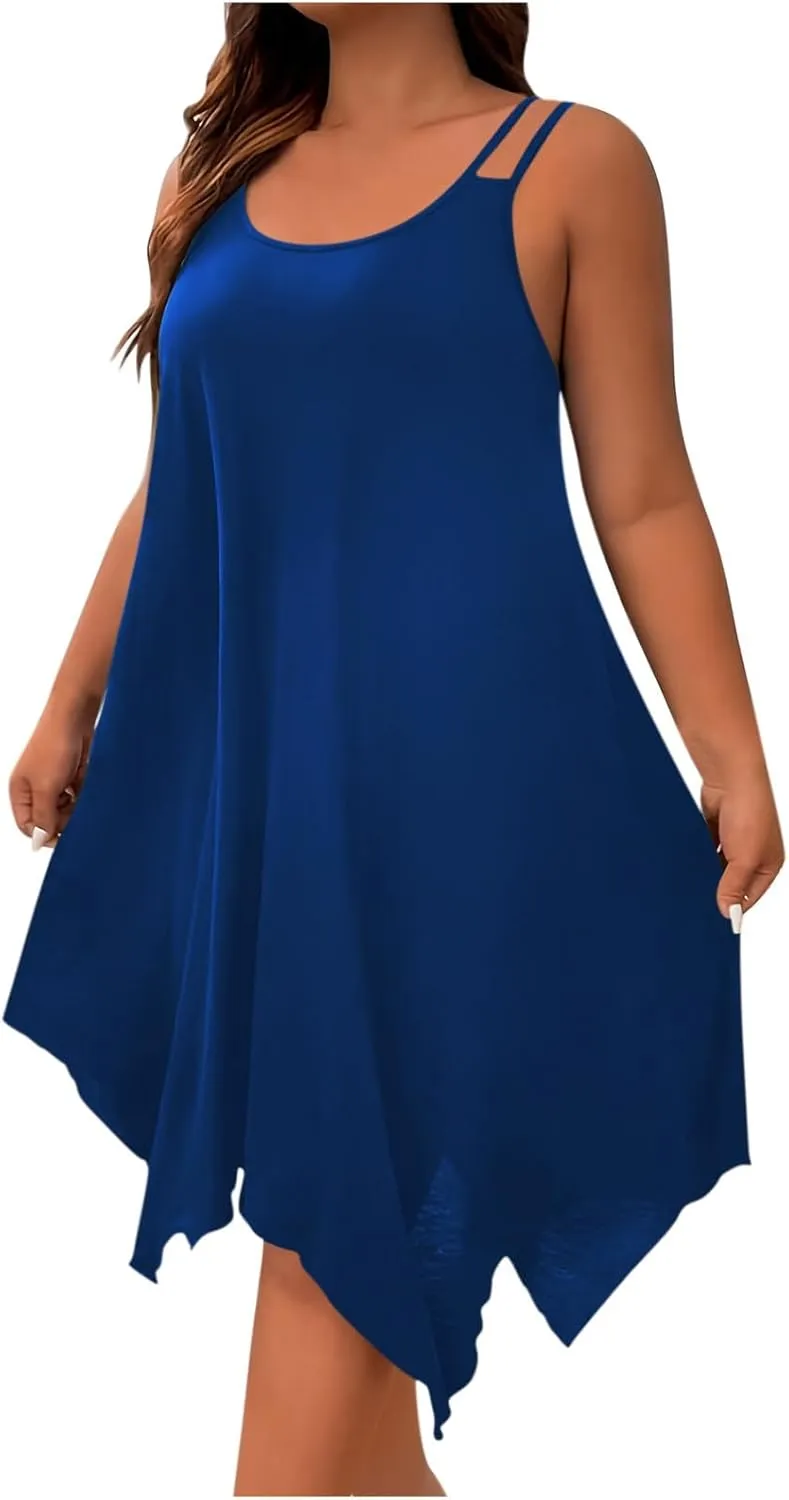 hlysgo Plus Size Dress for Women 2025 Summer Sleeveless V Neck Mini Dresses Casual Loose Fit Handkerchief Hem Short Sundress