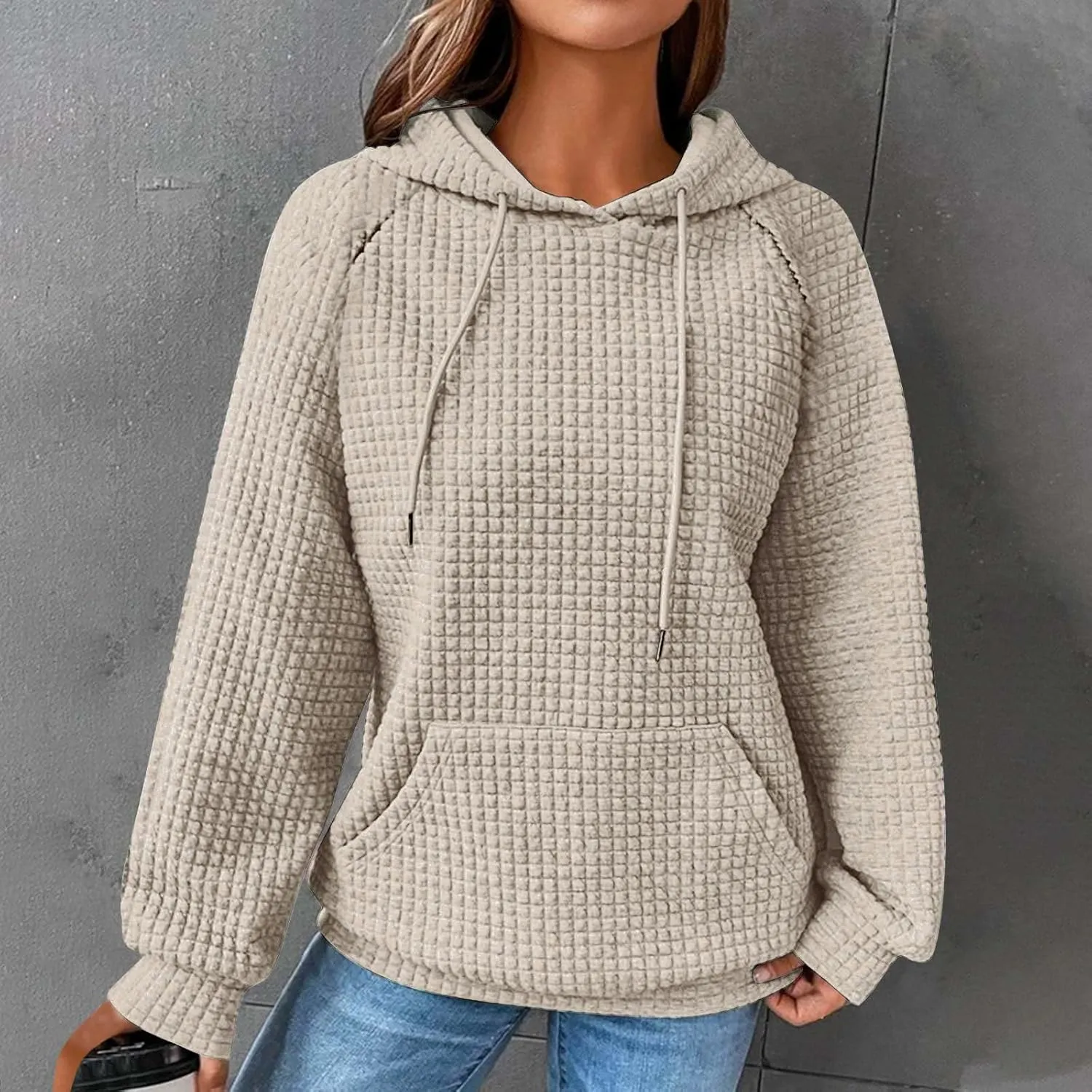 Hoodies for Women Long Sleeve Waffle Knit Sweatshirt Oversized Drawstring Hoodie Loose Hoodie Sweatshirt with Pocket