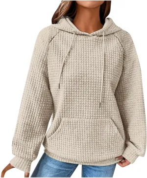 Hoodies for Women Long Sleeve Waffle Knit Sweatshirt Oversized Drawstring Hoodie Loose Hoodie Sweatshirt with Pocket