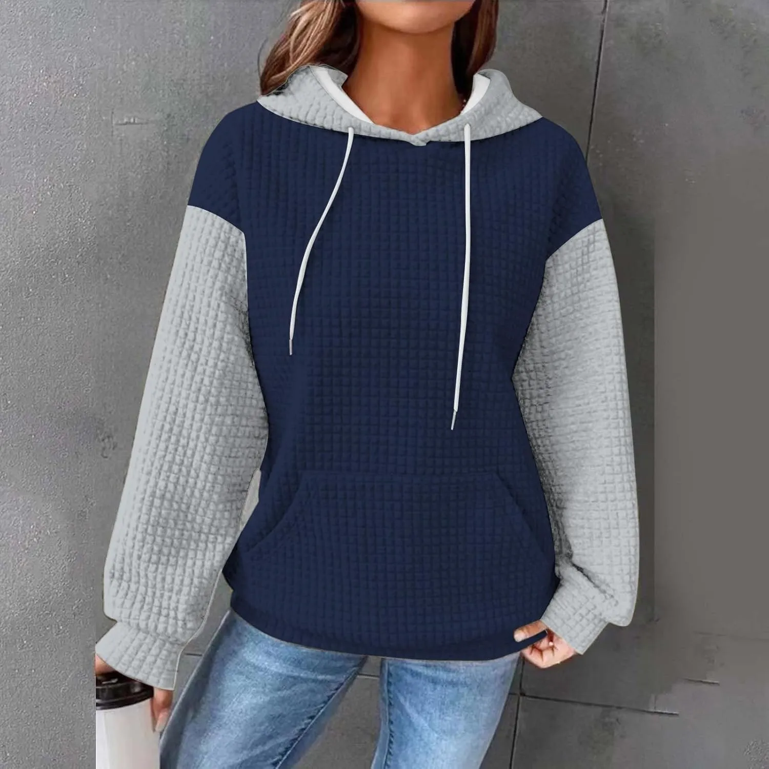Hoodies for Women Long Sleeve Waffle Knit Sweatshirt Oversized Drawstring Hoodie Loose Hoodie Sweatshirt with Pocket