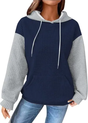 Hoodies for Women Long Sleeve Waffle Knit Sweatshirt Oversized Drawstring Hoodie Loose Hoodie Sweatshirt with Pocket