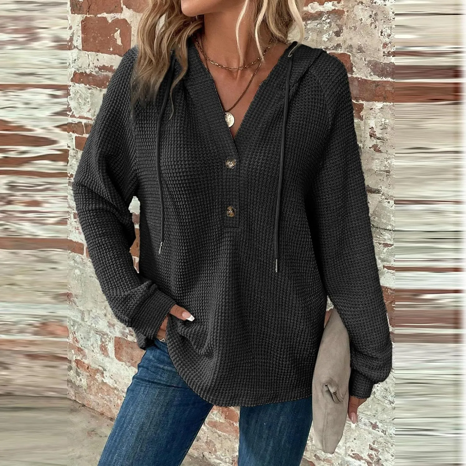 Hoodies for Women Raglan Long Sleeve Waffle Knit Tops V Neck Button Down Shirts Fall Comfy Casual Pullover Sweaters