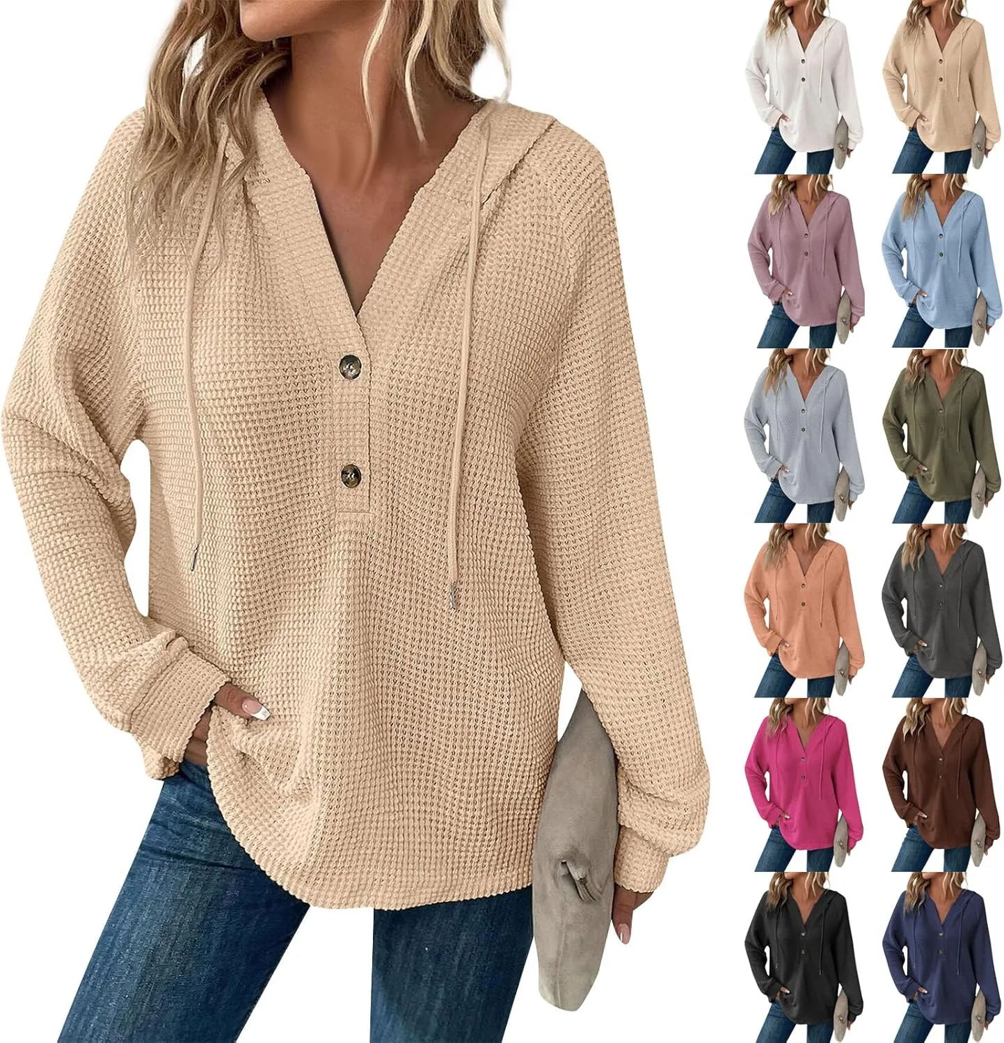 Hoodies for Women Raglan Long Sleeve Waffle Knit Tops V Neck Button Down Shirts Fall Comfy Casual Pullover Sweaters